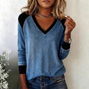 Women's Casual Color-Blocked V-Neck Patchwork Top
