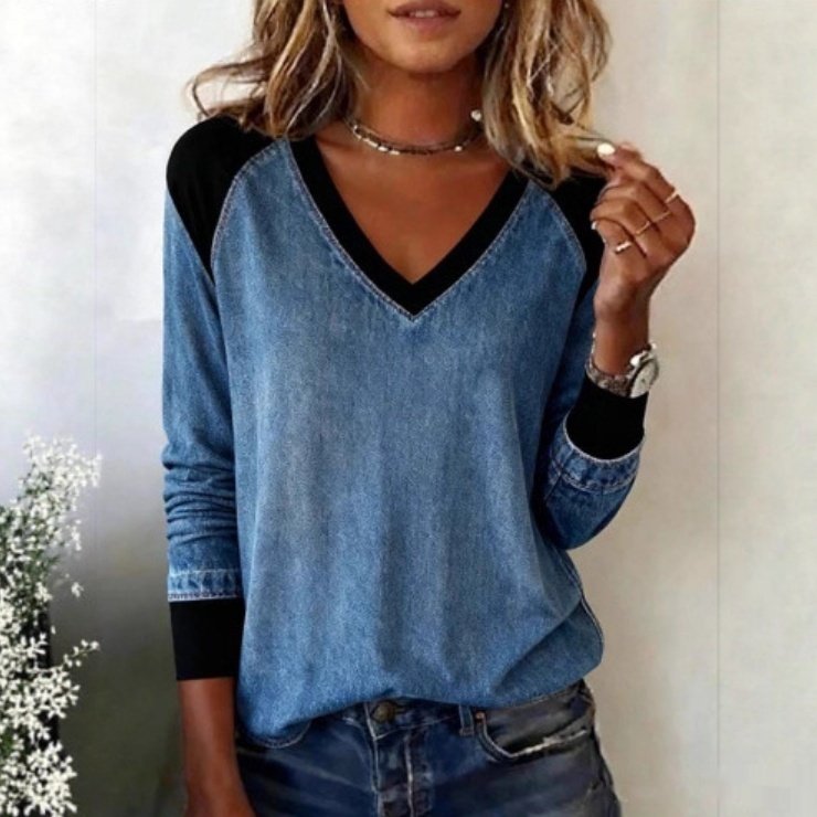 Women's Casual Color-Blocked V-Neck Patchwork Top