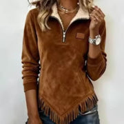 Suede Velvet Fur-Collar Tassel Hem Slim Women's Top