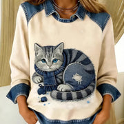 Women's 3D Digital Print Denim Look Casual T-Shirt