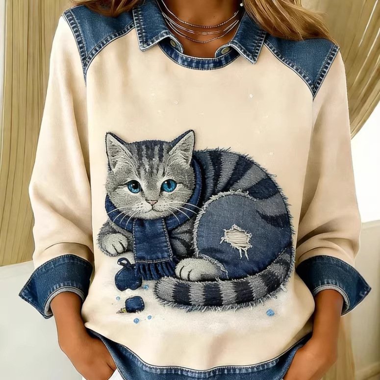 Women's 3D Digital Print Denim Look Casual T-Shirt