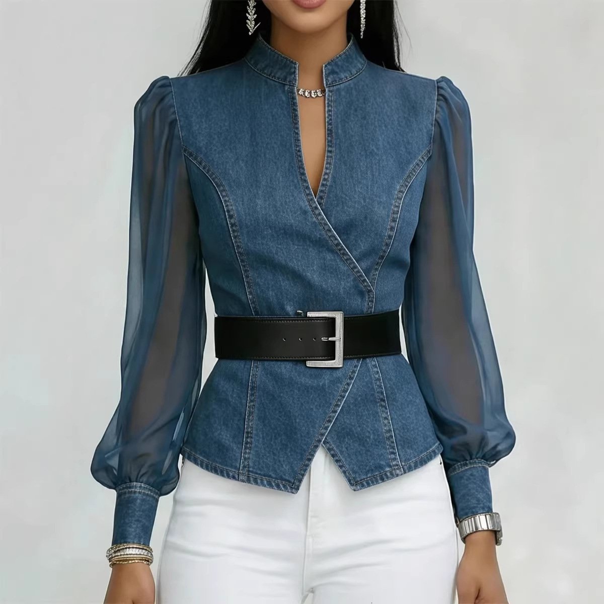 Women's V-Neck Lace Long-Sleeve Top