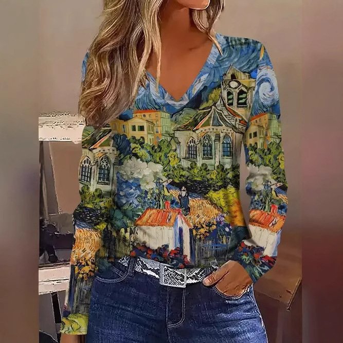 Chic Geometric V-Neck Long-Sleeve Top