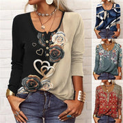 Women's Printed V-Neck Loose Long-Sleeve T-Shirt