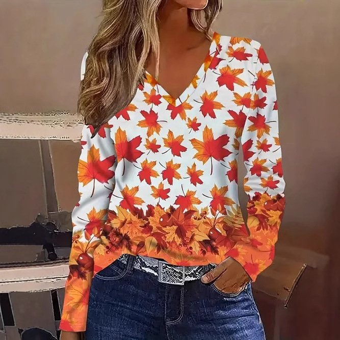 Geometric V-Neck Long-Sleeve Casual Tee