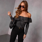Retro Ruffled Off-Shoulder Slim Denim Top