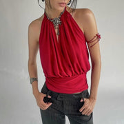 Sexy Lace-Up Camisole for Women - Red Deep V-Neck Bustier