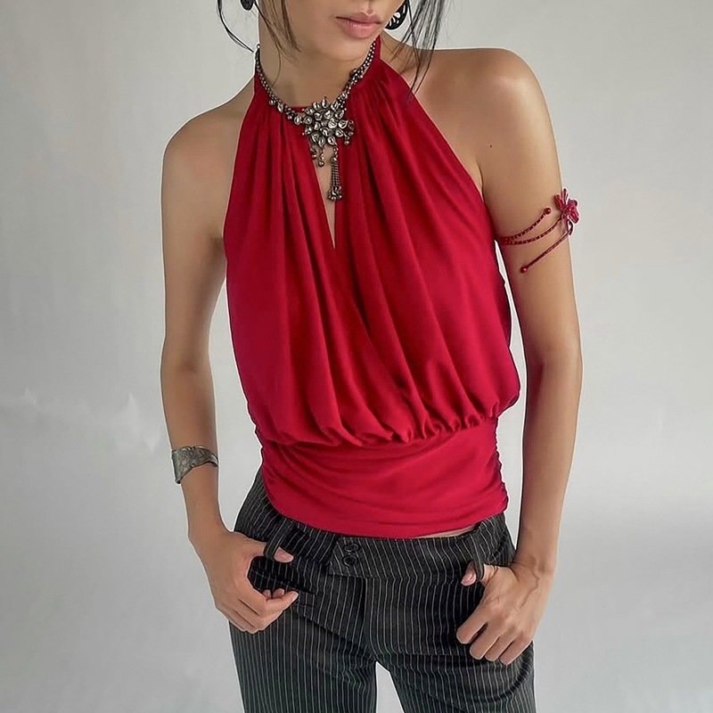 Sexy Lace-Up Camisole for Women - Red Deep V-Neck Bustier