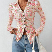 Floral Long-Sleeve V-Neck Pleated Mesh Blouse