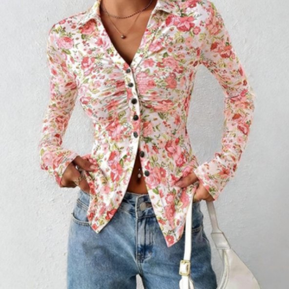 Floral Long-Sleeve V-Neck Pleated Mesh Blouse