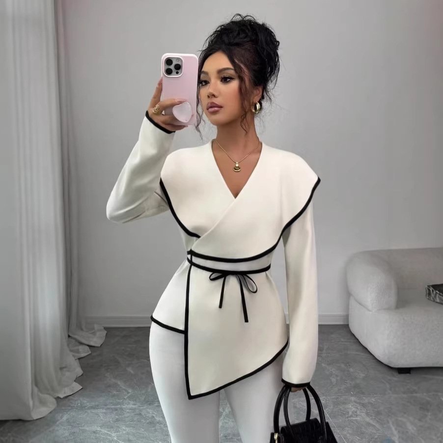 Elegant Color-Blocked V-Neck Slim Fit Women's Top