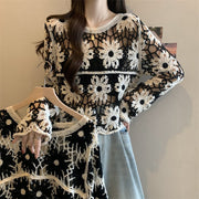 Colorful Floral Crochet Hollow-Out Long-Sleeve Loose Top
