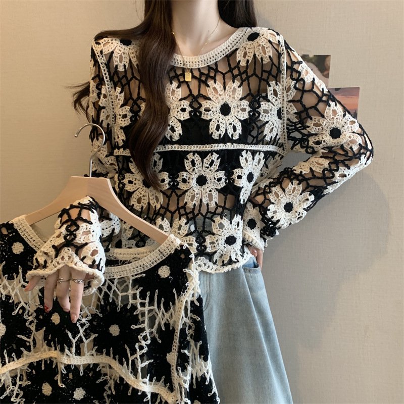 Colorful Floral Crochet Hollow-Out Long-Sleeve Loose Top