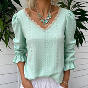 Chic V-Neck Lace Hollowed-Out Mid Sleeve Top