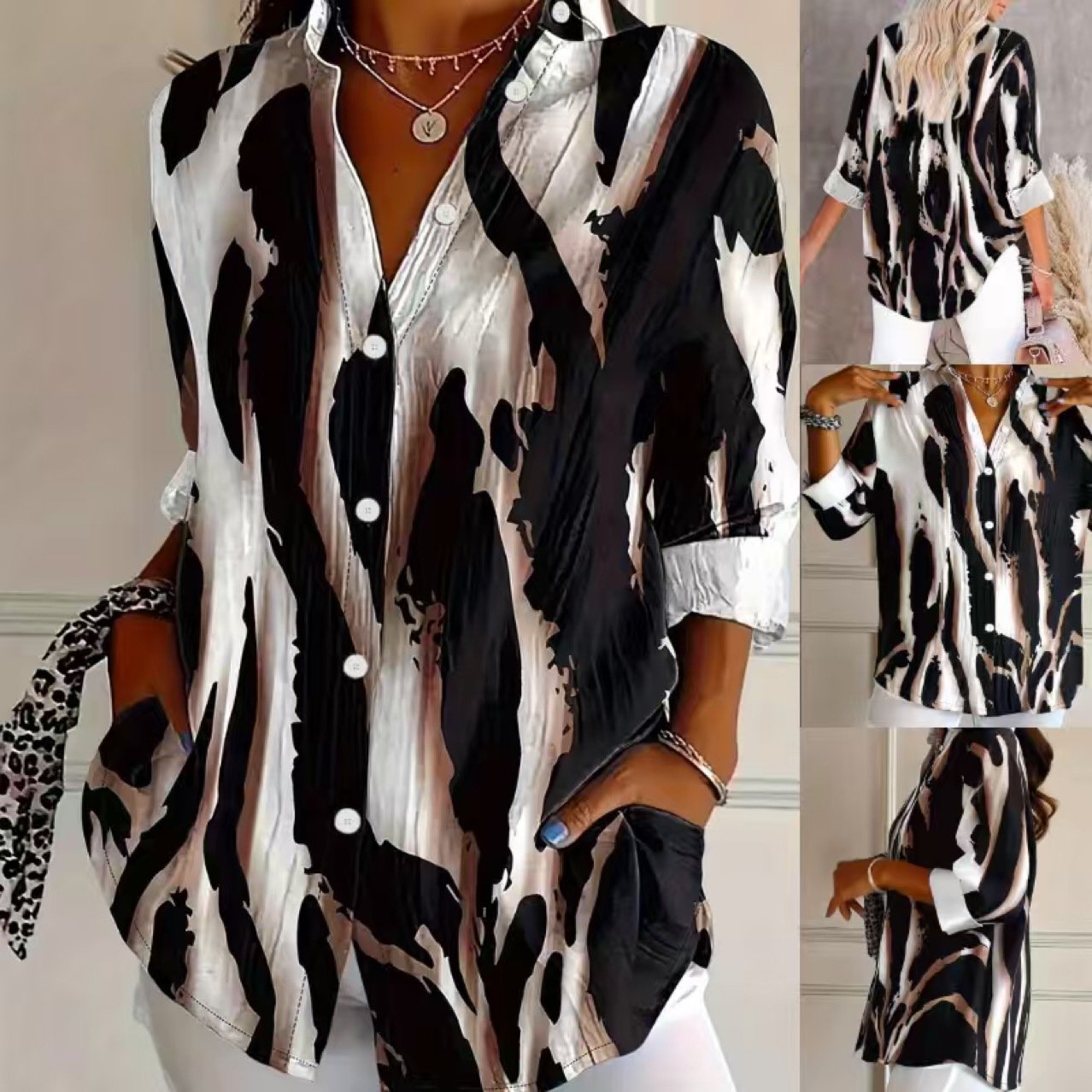 Elegant 3D Printed V‑Neck Long‑Sleeve Top for Women