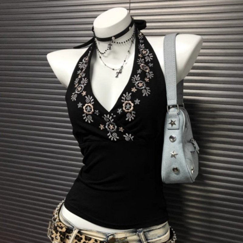 Vintage Black V-Neck Backless Embroidered Top