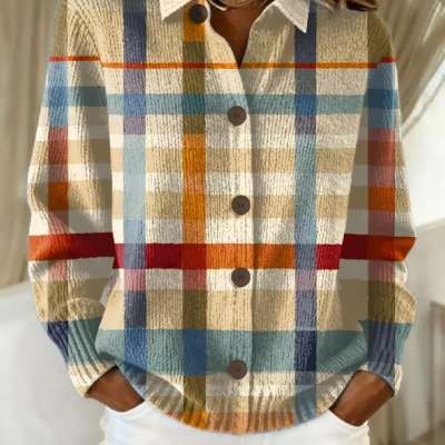 Colorful Big-Check Loose-Fit Long Sleeve Top for Women