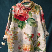 Floral Print Cotton Linen Long Shirt
