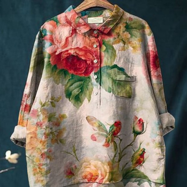 Floral Print Cotton Linen Long Shirt