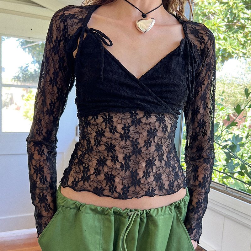 Women's Slim-Fit Lace V-Neck Long Sleeve Top