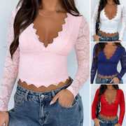 Women's Lace Sheer V-Neck Slim Fit Long-Sleeve Top