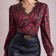 Chic Lace-Trim V-Neck Slim Fit Long-Sleeve Shirt
