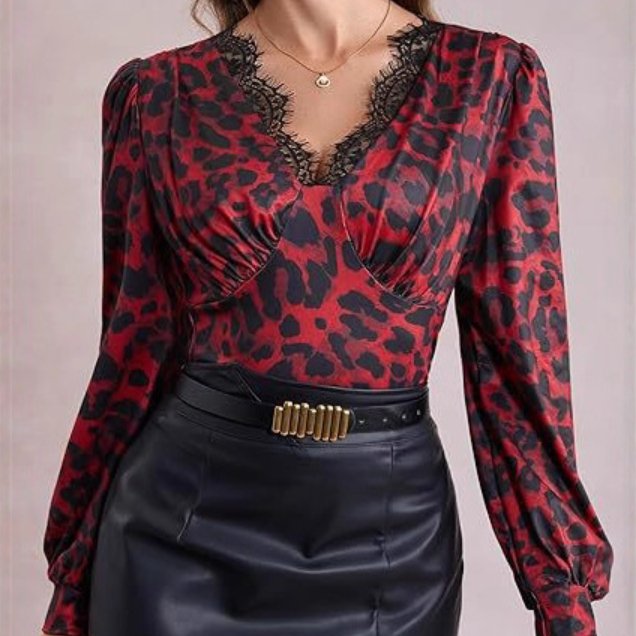 Chic Lace-Trim V-Neck Slim Fit Long-Sleeve Shirt