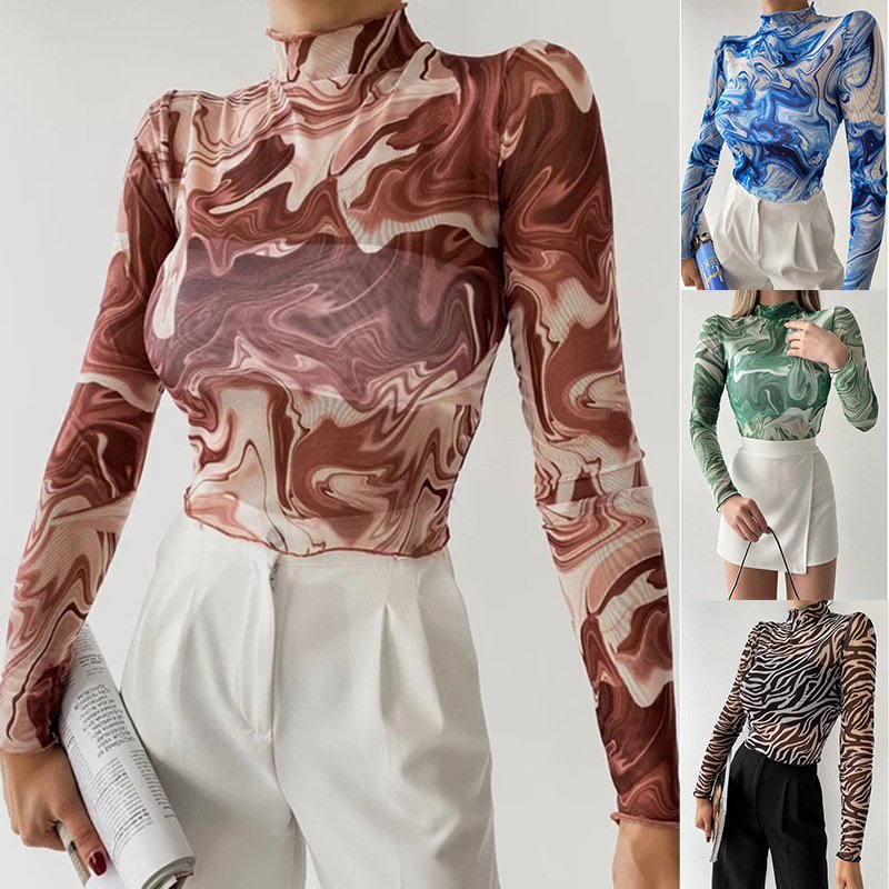 Printed Mock Neck Sheer Mesh Long-Sleeve Slim Top