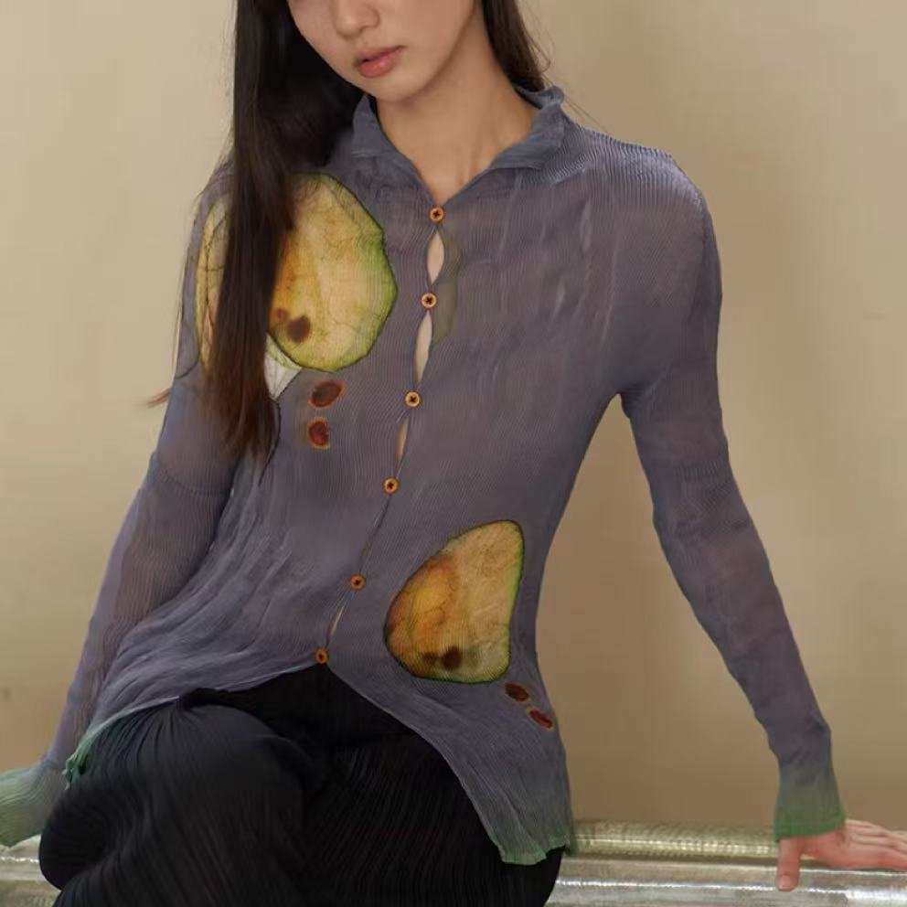 Chic Printed Mesh Long-Sleeve Slimming Top