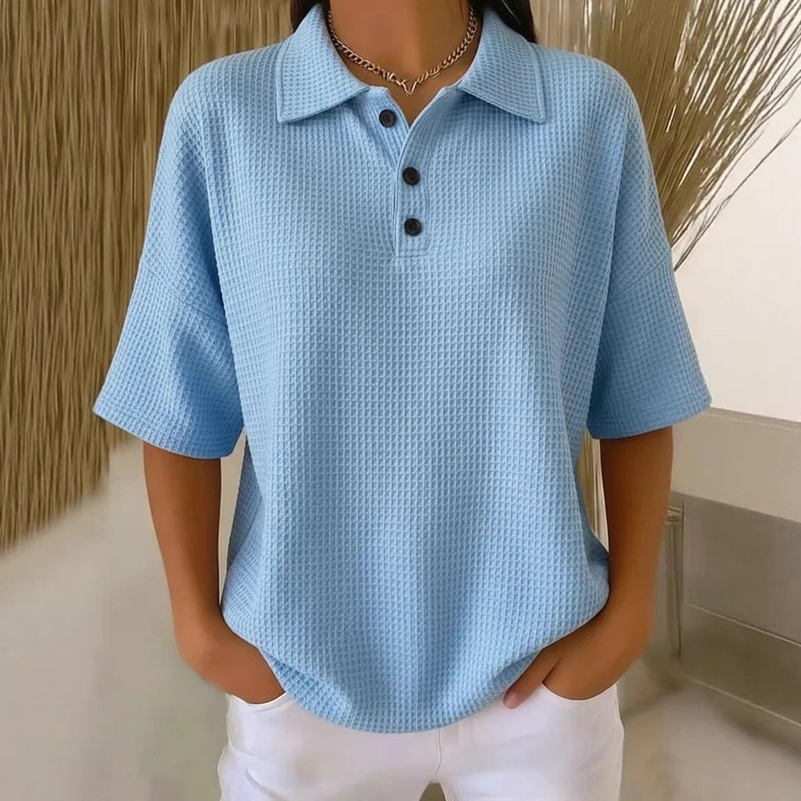 Buttoned Waffle-Knit Short Sleeve Pullover Top – Cozy & Chic