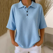 Buttoned Waffle-Knit Short Sleeve Pullover Top – Cozy & Chic