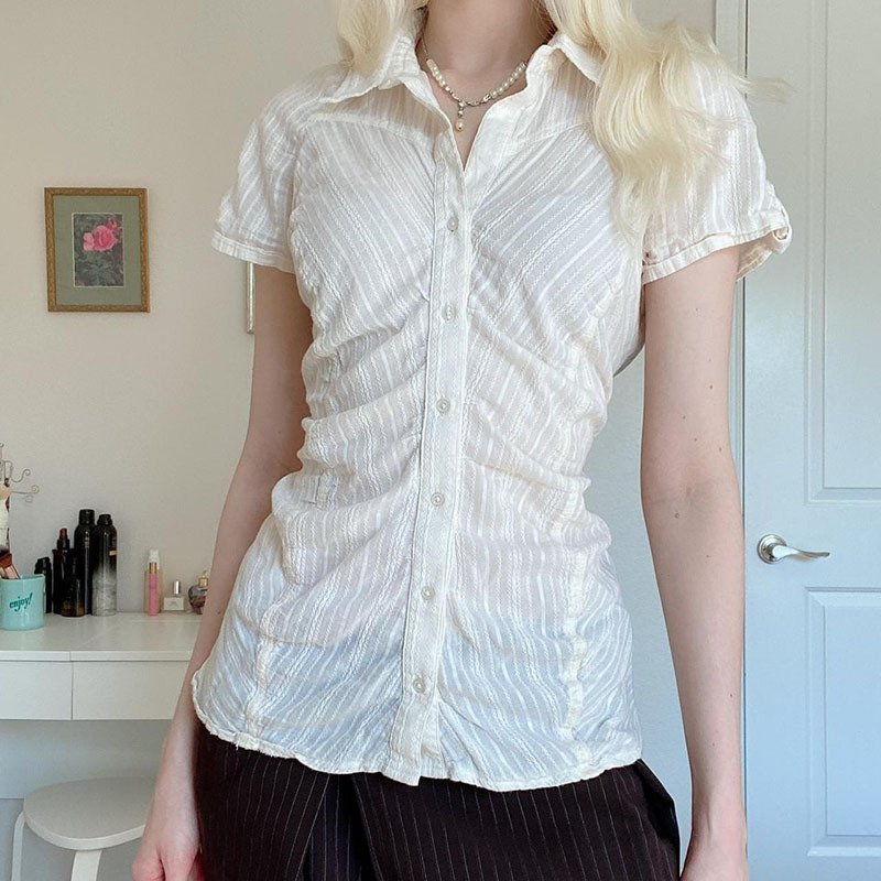 Classic White Polo Collar Short Sleeve Shirt for Women