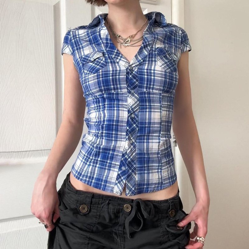 Vintage Blue Plaid Shorts Set for Women