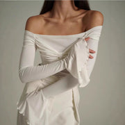 Off-Shoulder Slim Mesh Flared-Sleeve Top