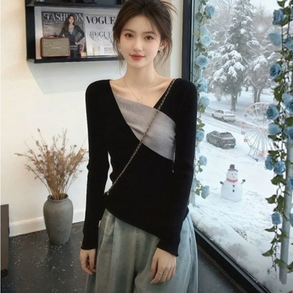 Chic Color-Block Patchwork Long-Sleeve Top
