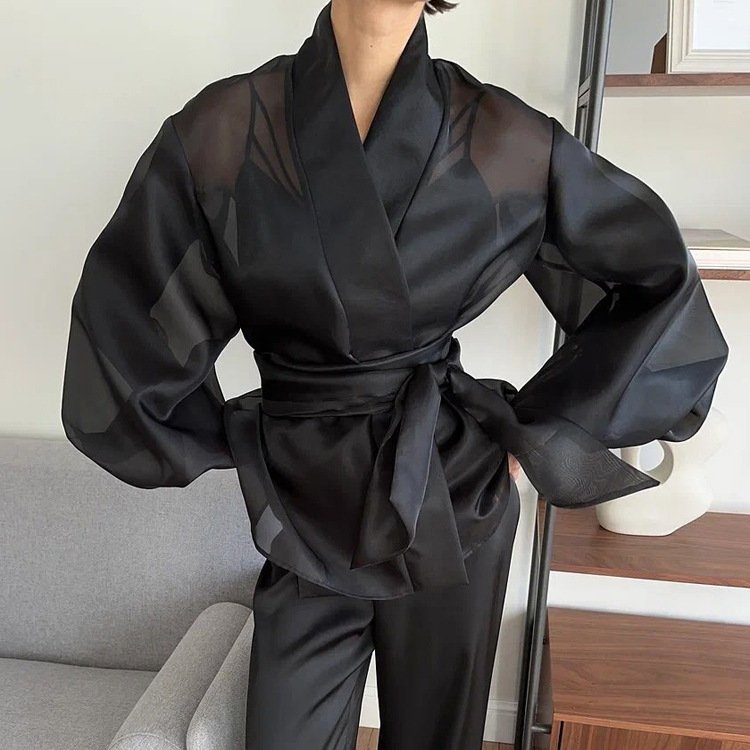 French Chic Solid Sheer Puff Sleeve Top