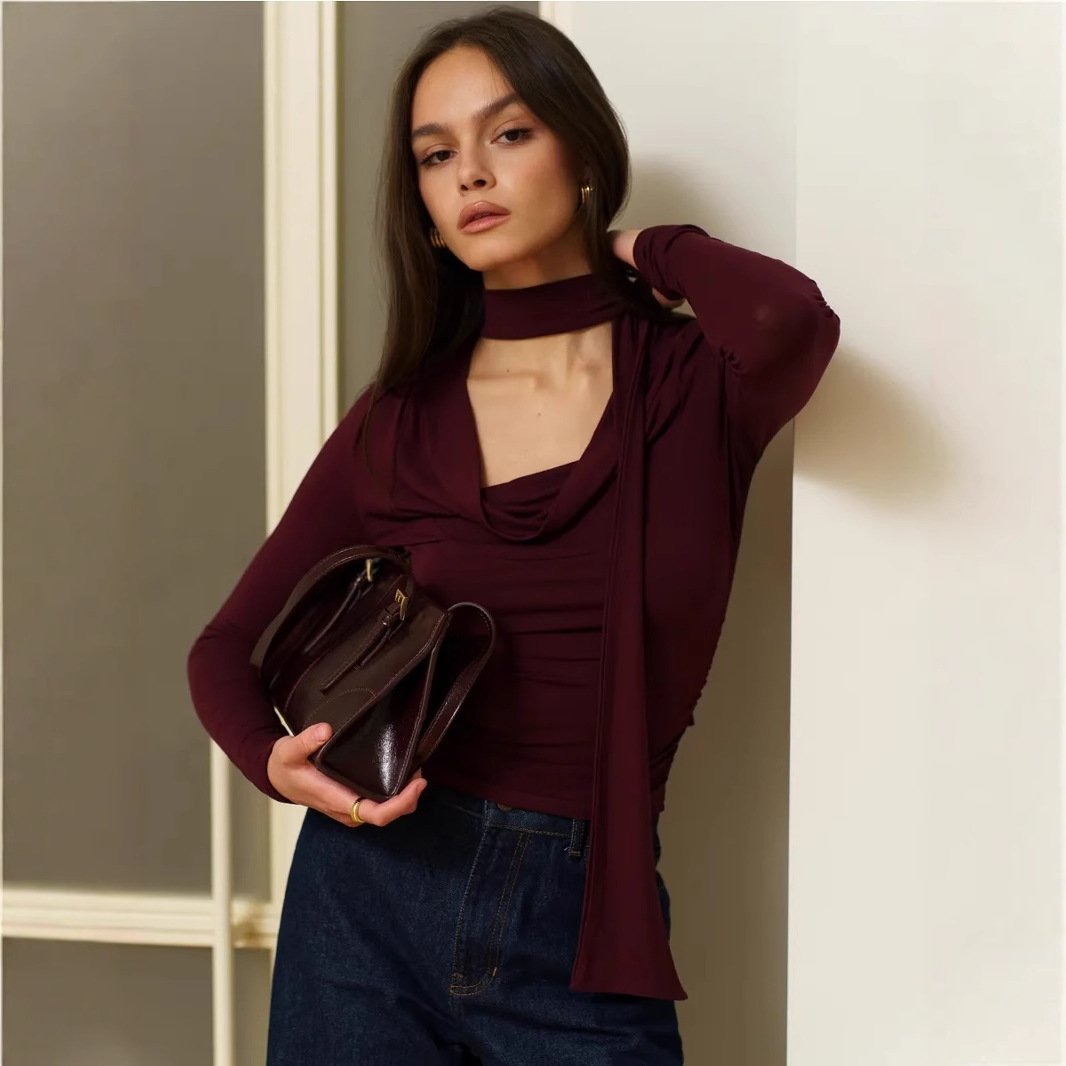 Ribbon-Trim V-Neck Slim Long-Sleeve Base Layer