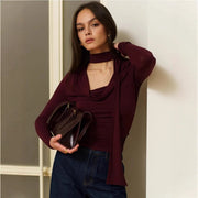 Ribbon-Trim V-Neck Slim Long-Sleeve Base Layer