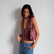 Brown V-Neck Halter Top with Multiple Styling Options
