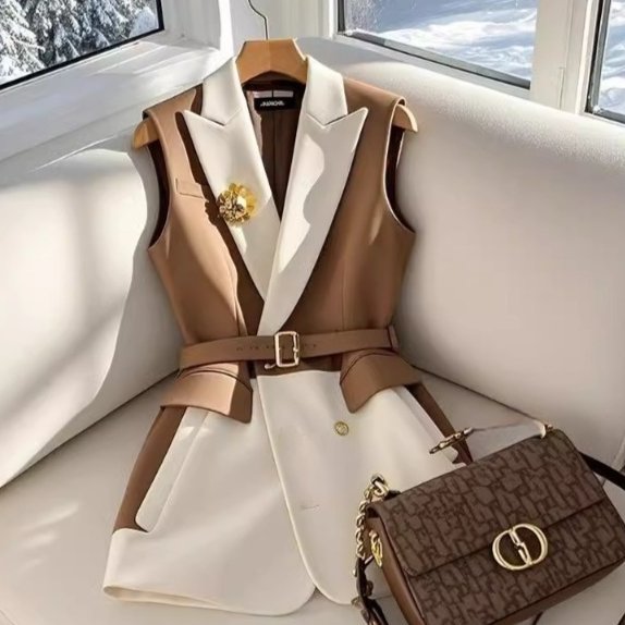 Women's Patchwork Suit Vest Coffee Brown