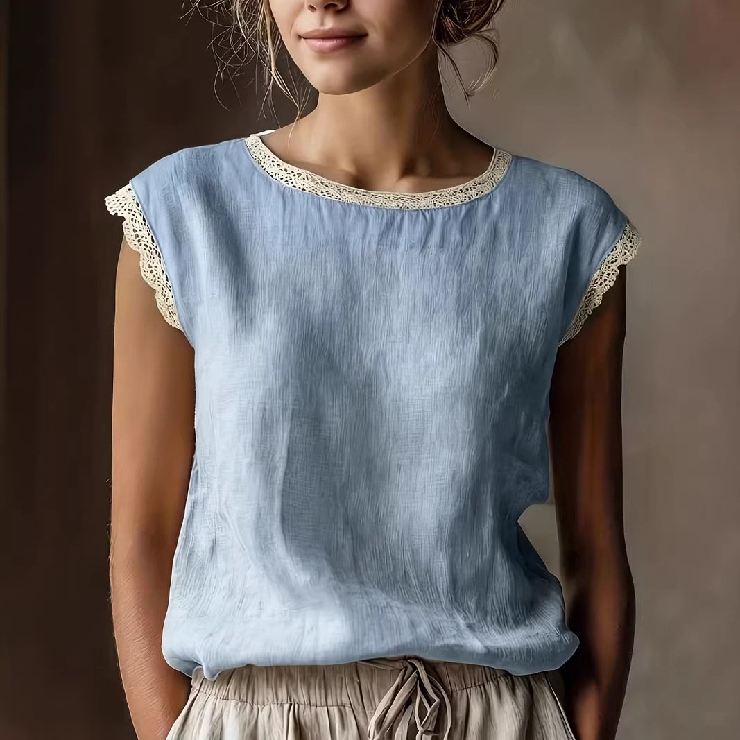 Casual Solid Color Lace Trim Top