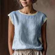 Casual Solid Color Lace Trim Top