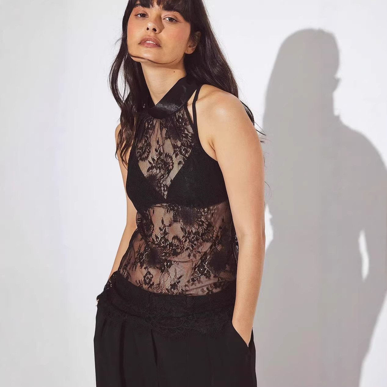 Chic Lace Trim Halter Top for Women