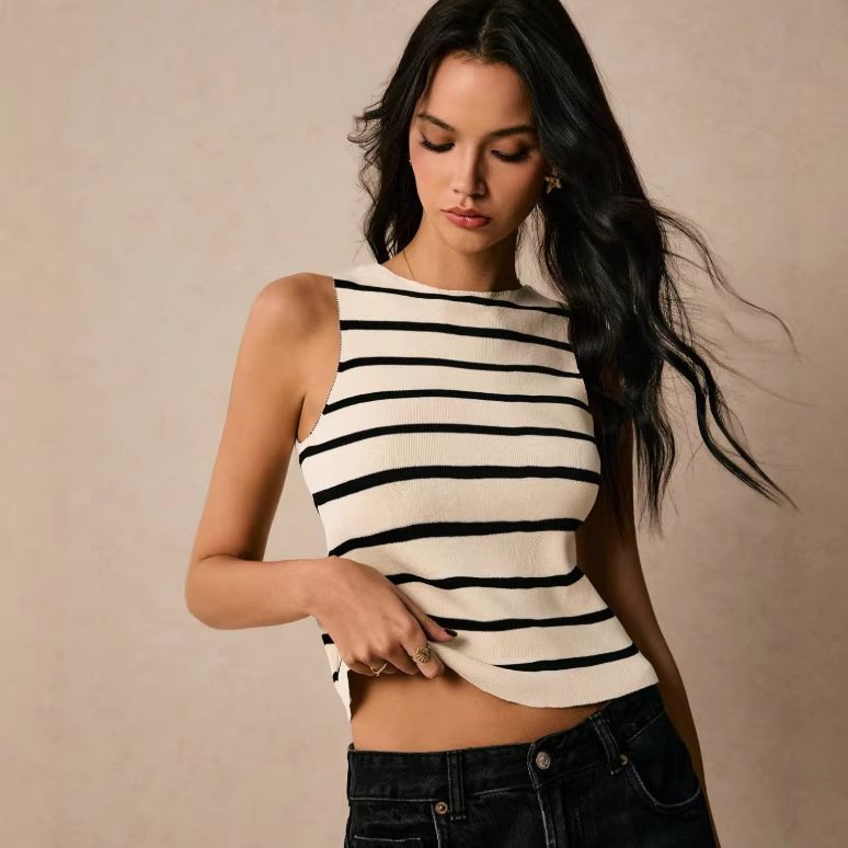 Retro V Neck Striped Cardigan Vest - Lightweight Knit Cardigan