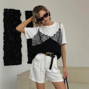 Lace Patchwork Crew Neck Tee for Women
