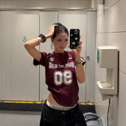 Dark Red White Raglan Short Sleeve Top for Women