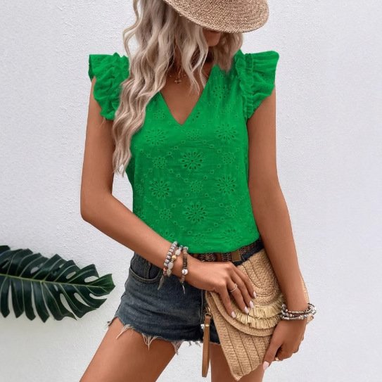 Ruffle V-Neck Short Sleeve Top for Women