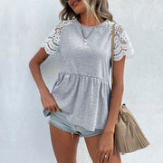 Light Gray Loose-fit Top with Ruffle Lace Details