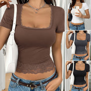 Sexy U-Neck Lace Patchwork Short Sleeve T-Shirt for Women
