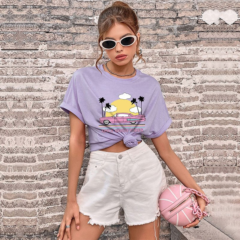 Light Purple Crew-neck Printed T-shirt for Women